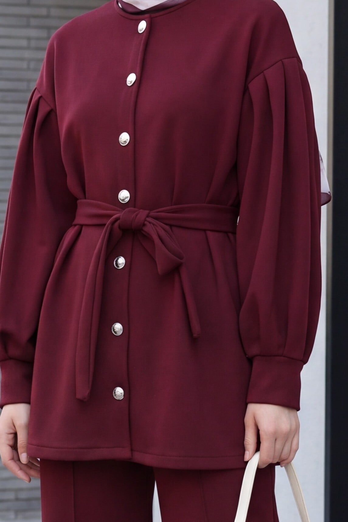 Women's Belted Scuba Two-Piece Set with Buttoned Top and Wide-Leg Pants - Burgundy - Podyumplus - by Peralane - photo 8