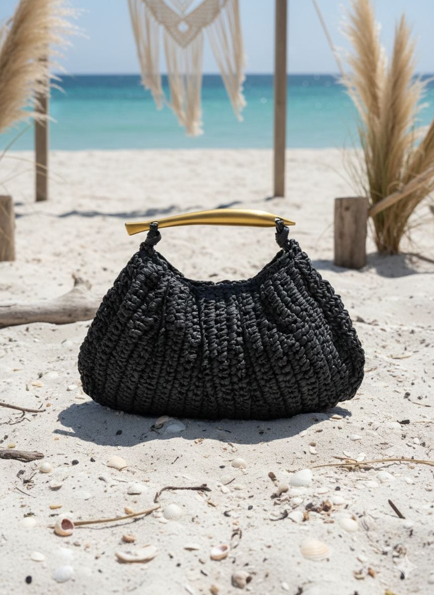 Black Woven Straw Handbag with Gold-Tone Handle - Nesvay - by Peralane