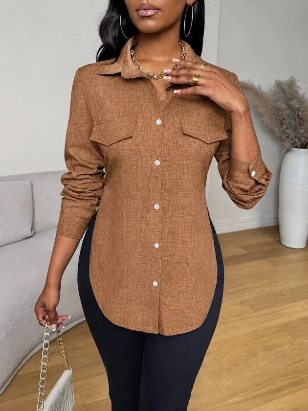 Women's Long-Sleeve Collared Button-Front Shirt with Side Slits - Janes - by Peralane - photo 2