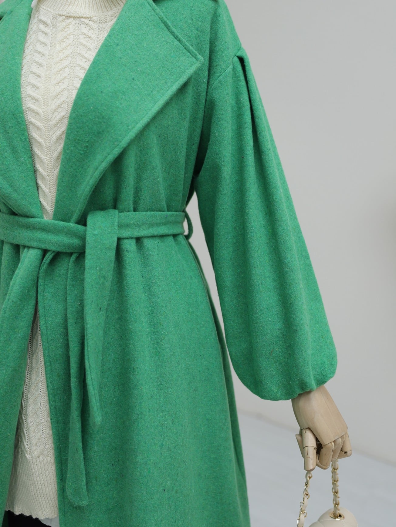 Women's Green Coated Fabric Coat with Shawl Collar and Belt - Podyumplus - by Peralane - photo 5