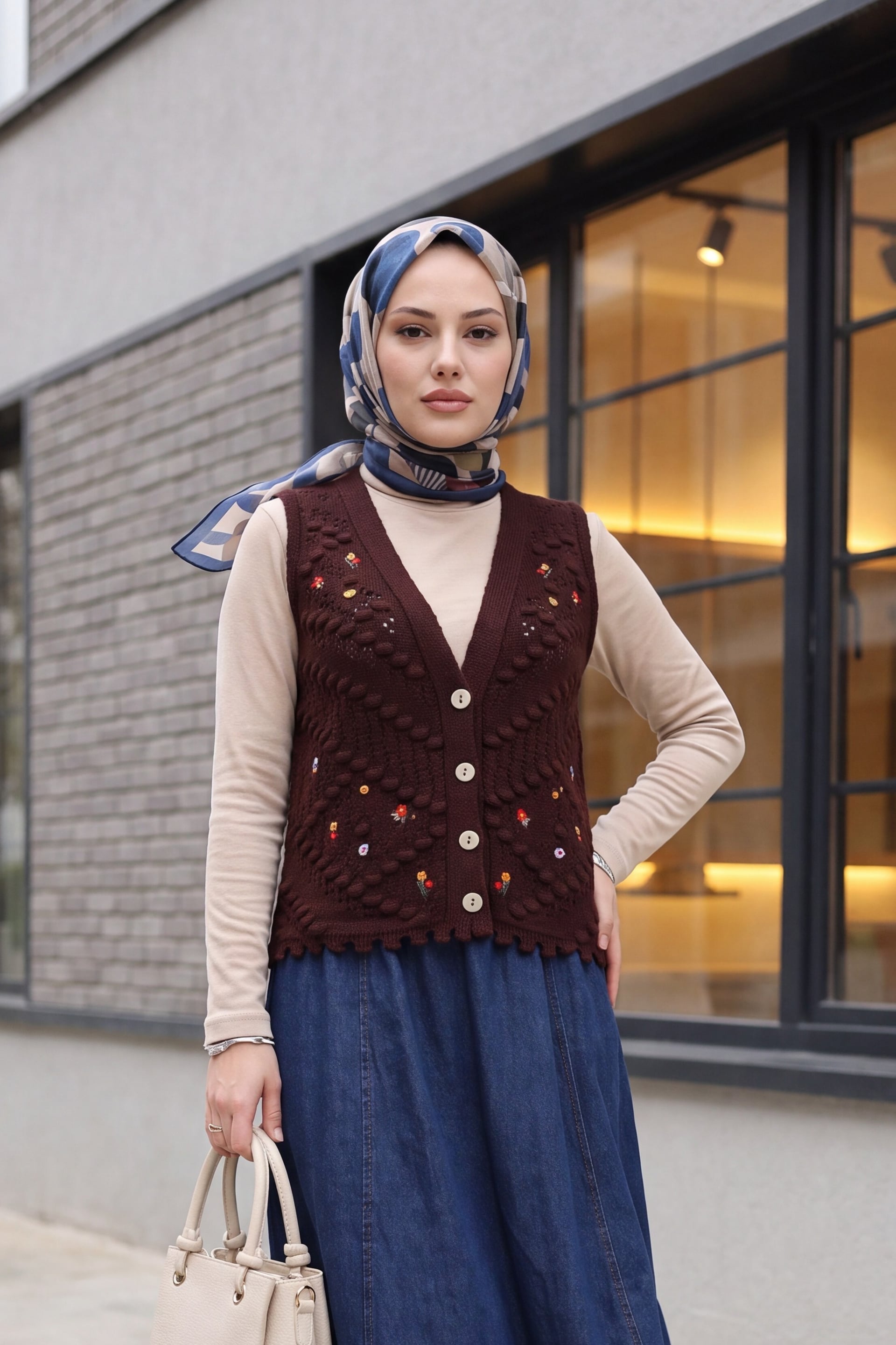 Burgundy Pom-Pom Floral Embroidered Openwork Knitted Vest - Podyumplus - by Peralane - photo 2