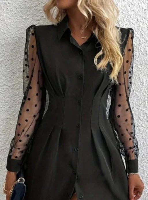 Women's Long Sleeve Collared Button-Front Mini Crepe Dress with Polka Dot Sheer Sleeves - Janes - by Peralane - photo 2