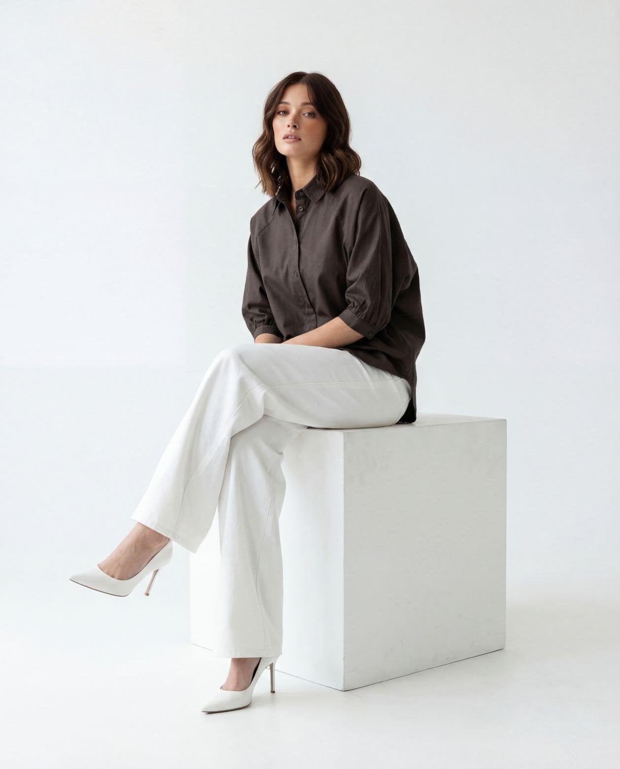 Women's Dark Brown Cotton Blend Blouse with Short Puffed Sleeves - Fame - by Peralane - photo 4