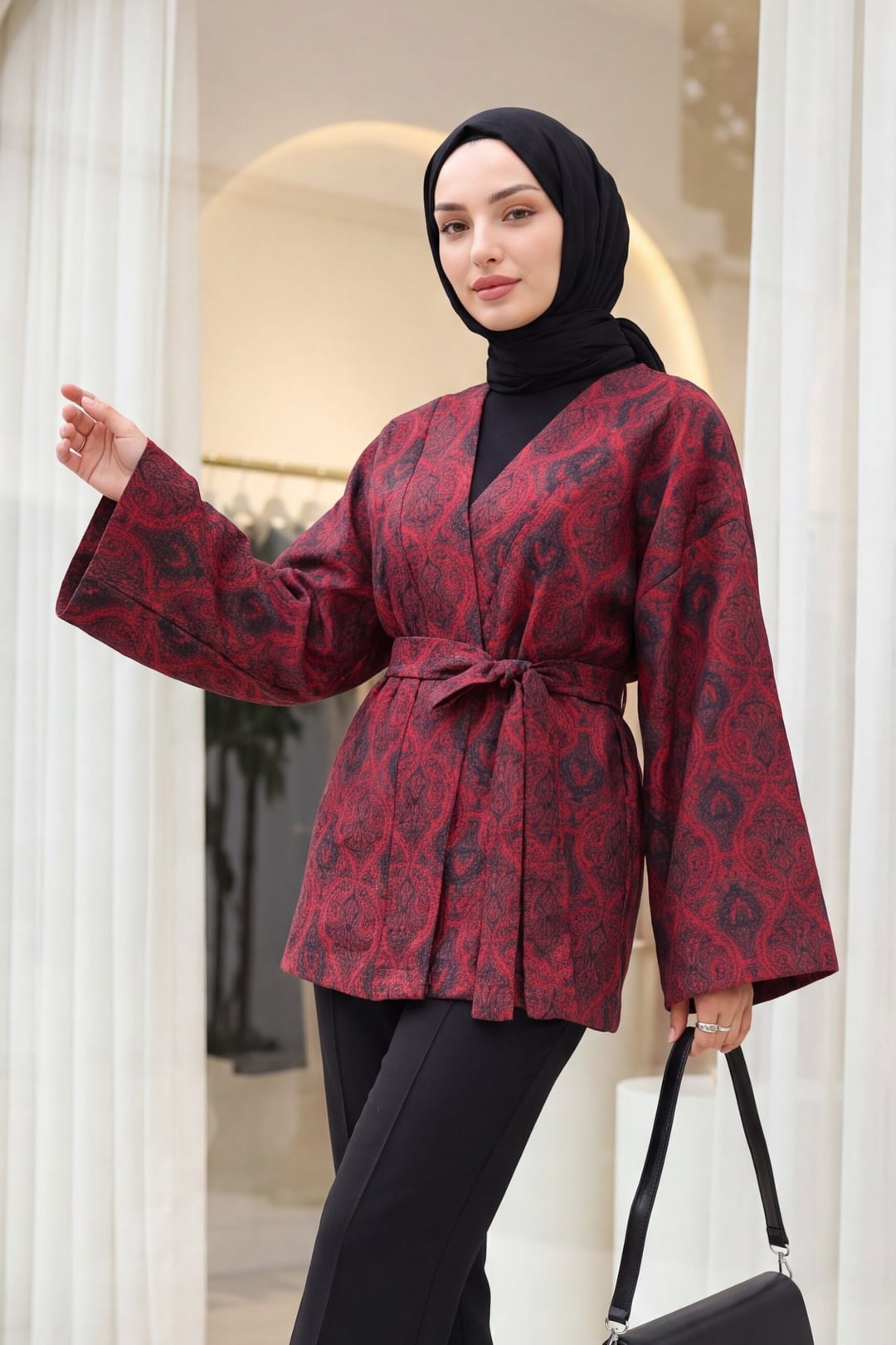 Digital Print Belted Quilted Kimono - Red - Podyumplus - by Peralane