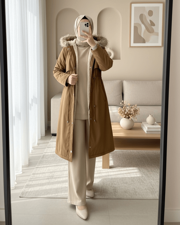 Women's Long Hooded Coat with Faux Fur Trim - Camel - Podyumplus - by Peralane - photo 2