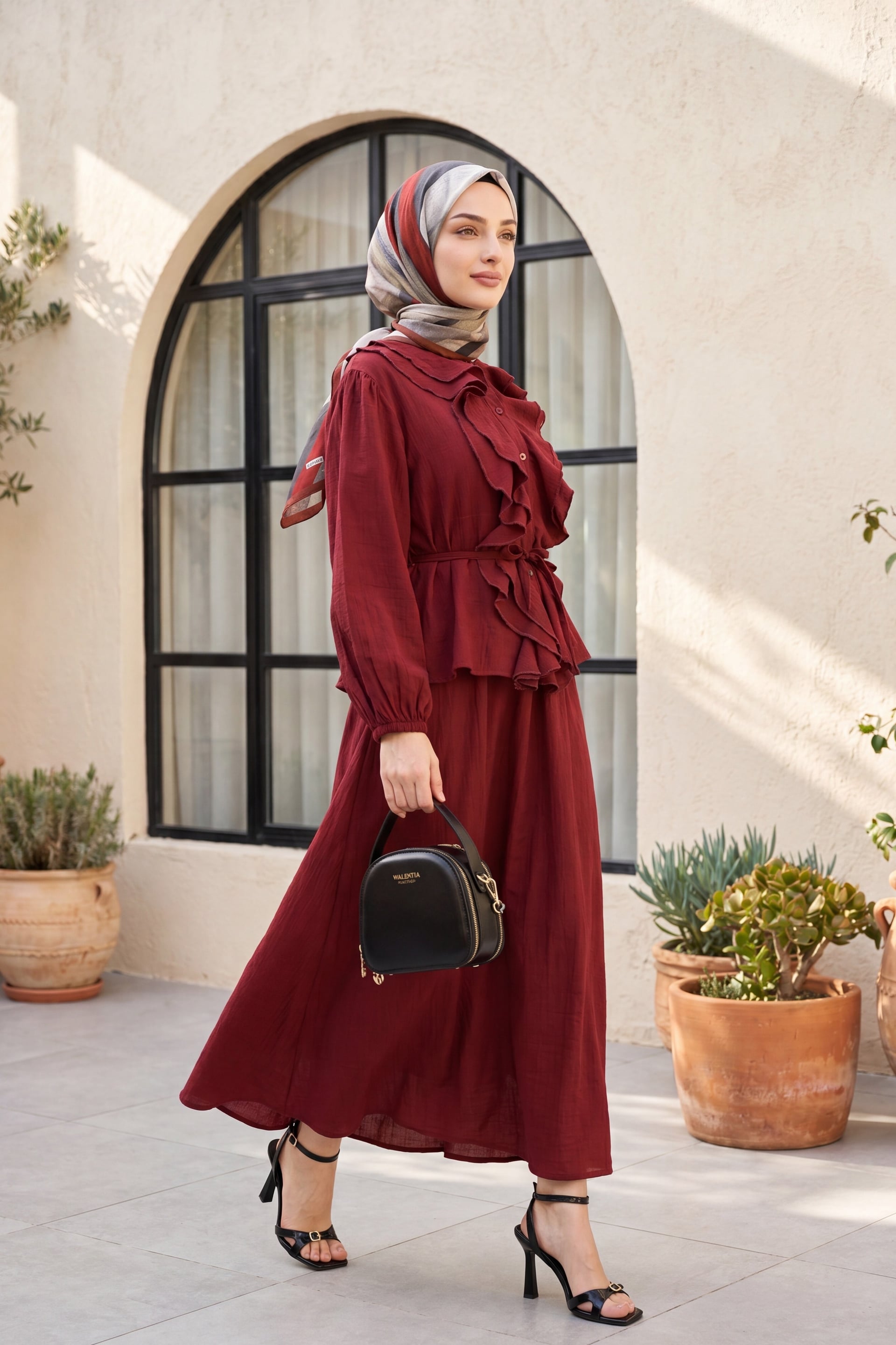 Women's Burgundy Ruffled Front Long-Sleeve Dress with Tie Waist and Flared Skirt - Podyumplus - by Peralane - photo 3