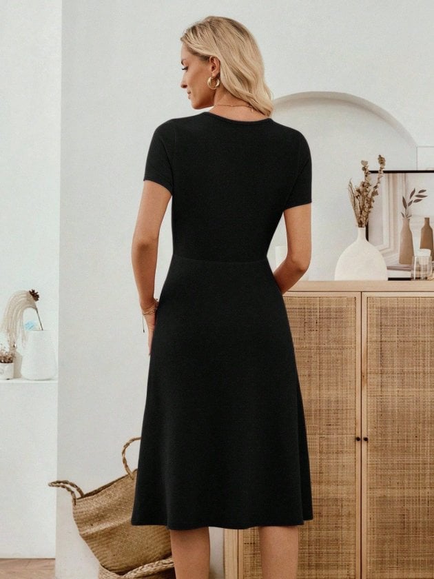 Women's Black Short-Sleeved Round Neck Midi Dress with Pocket Detail - Janes - by Peralane - photo 8