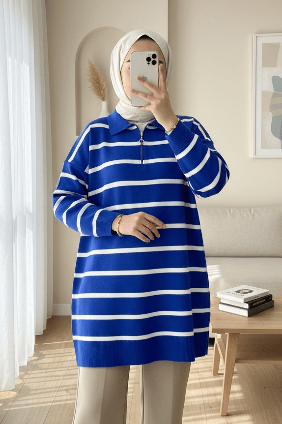 Polo Collar Zip Knit Tunic - Royal Blue with White Stripes - Podyumplus - by Peralane