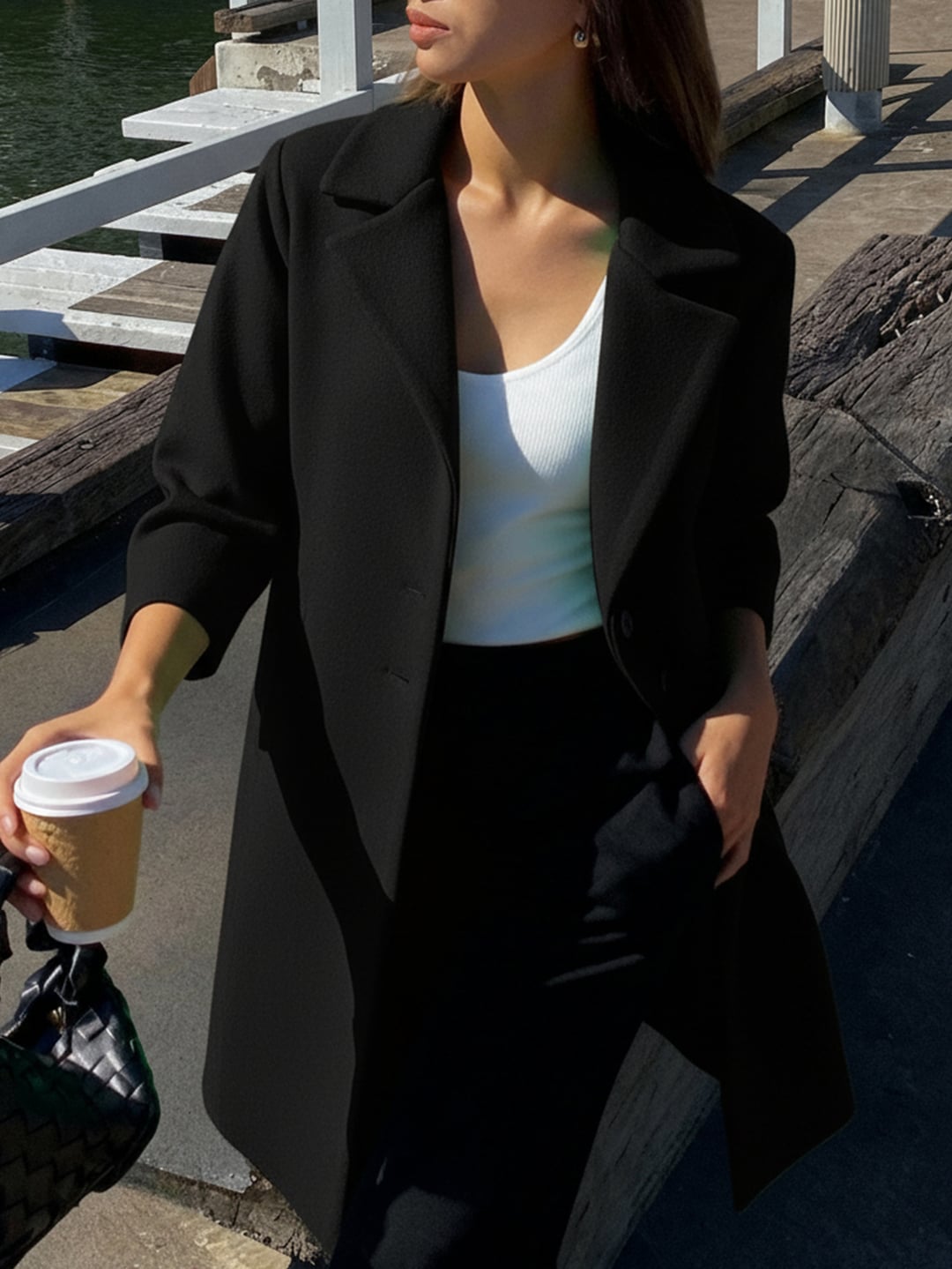 Black Wool Blend Notched Lapel Jacket for Women - My Bee - by Peralane