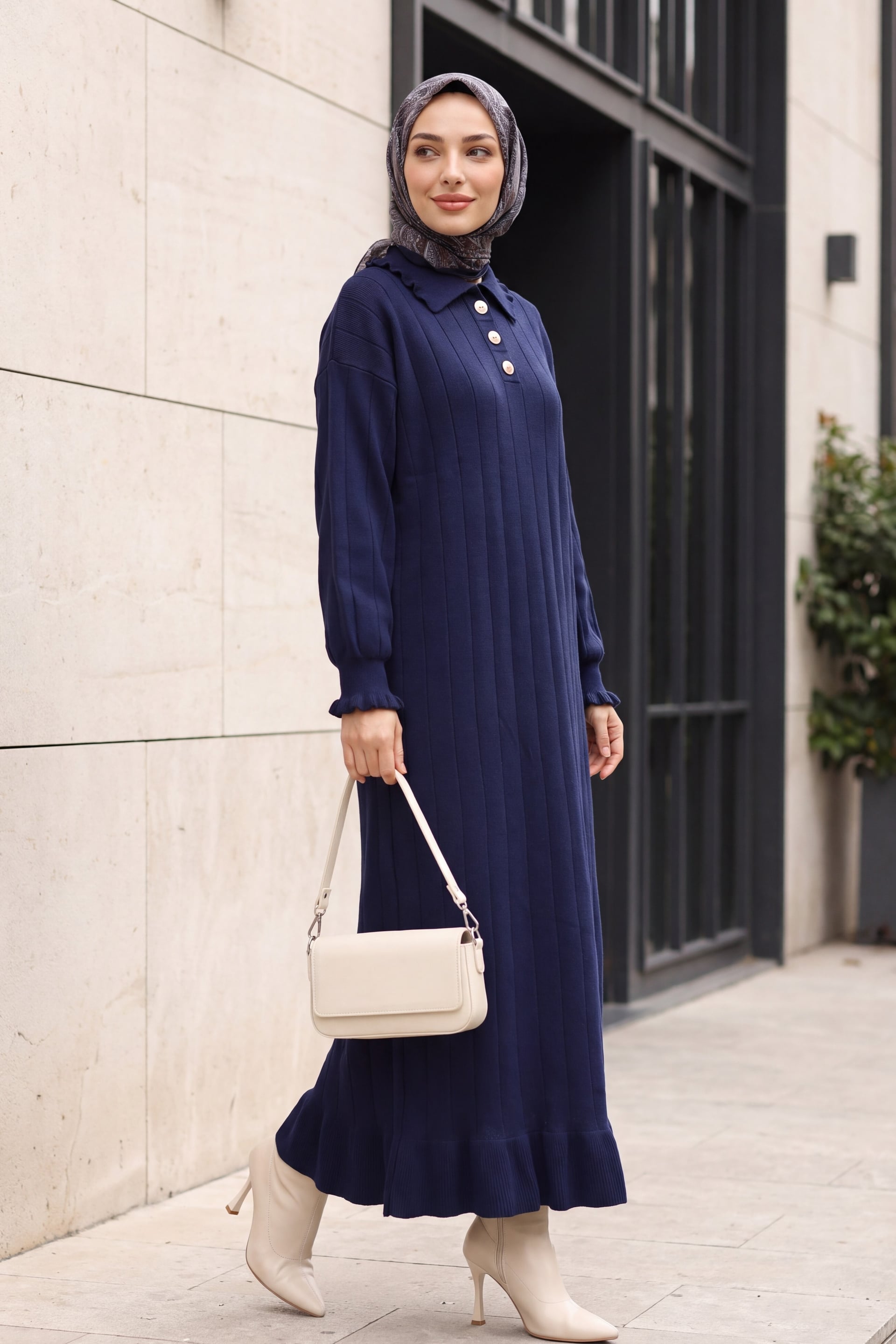 Navy Blue Ruffled Collar and Hem Button Detail Knit Dress - Podyumplus - by Peralane - photo 3