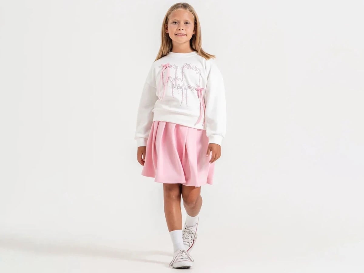 Girls' Ribbon Bow Detail Sequin Sweatshirt and Pleated Skirt Set - ÖZ Bebe - by Peralane