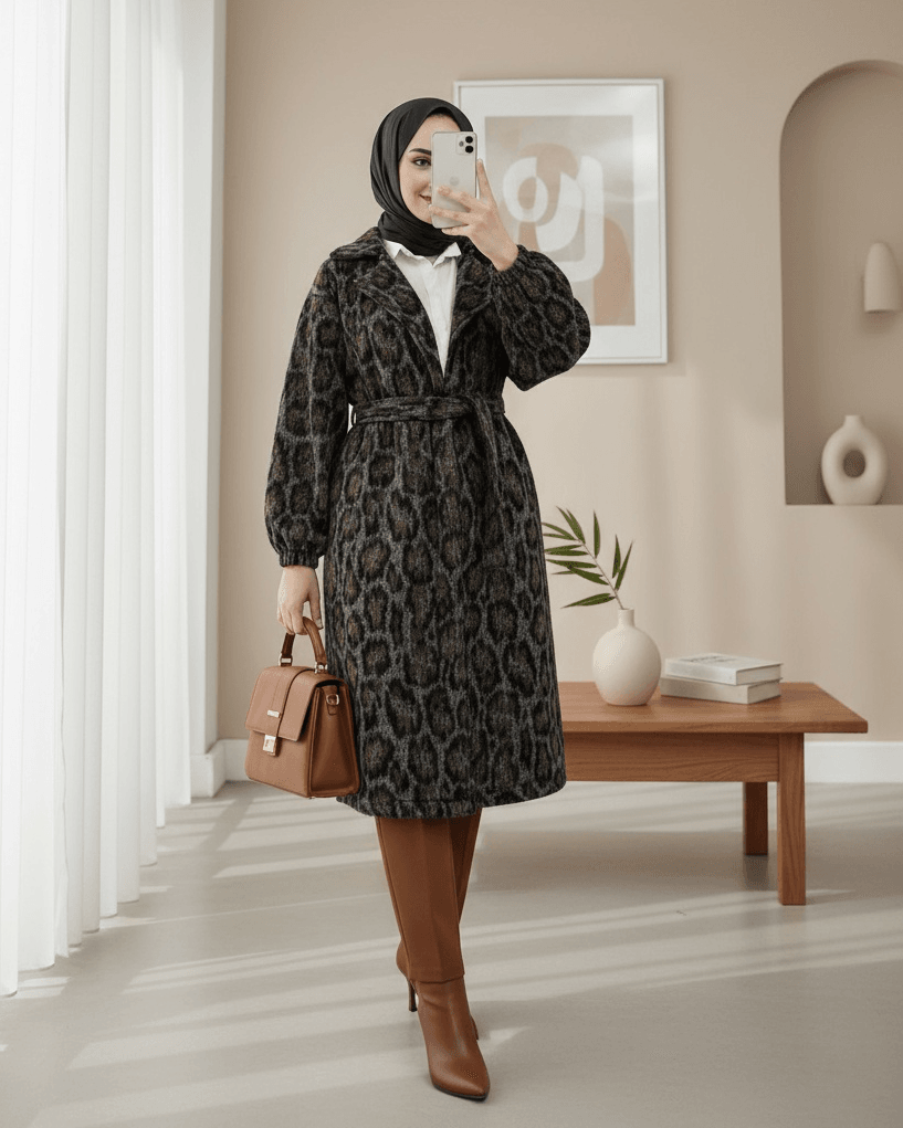 Leopard Print Belted Wrap Coat with Notched Lapel - Podyumplus - by Peralane - photo 2