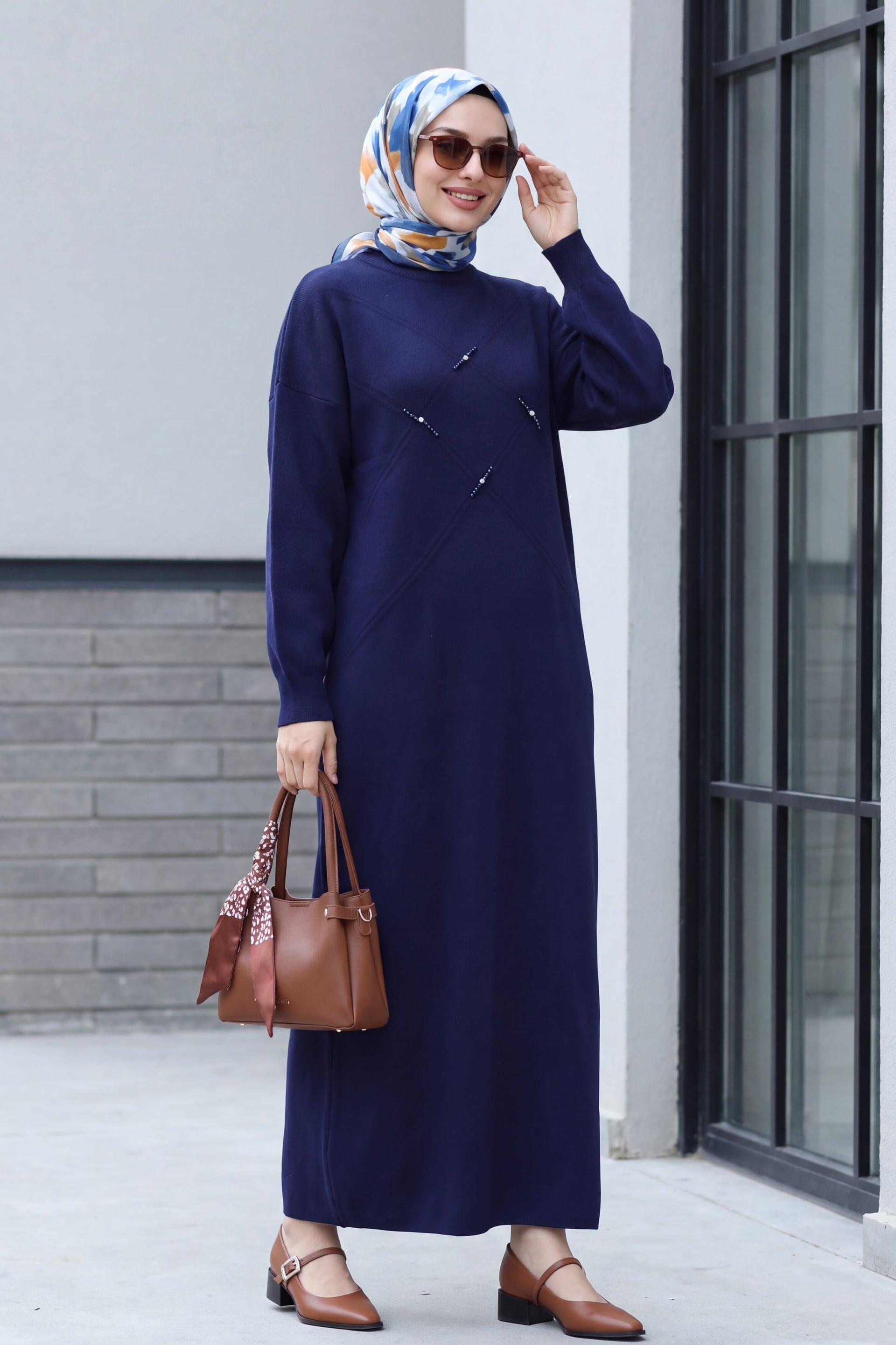 Beaded Patterned Knit Dress in Navy - Podyumplus - by Peralane - photo 3