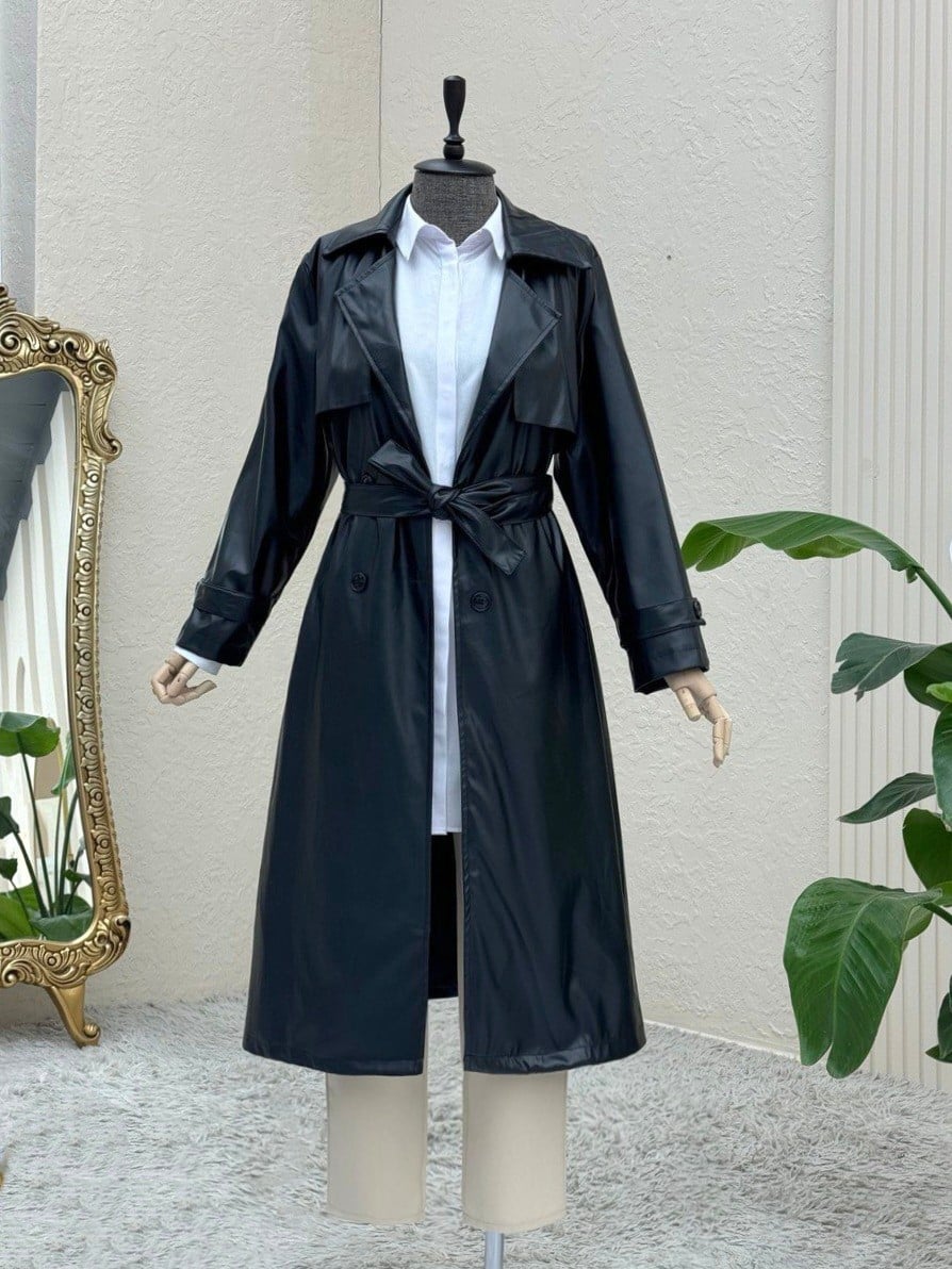 Black Long Faux Leather Trench Coat with Bolero Detail and Tie Belt - Podyumplus - by Peralane - photo 2