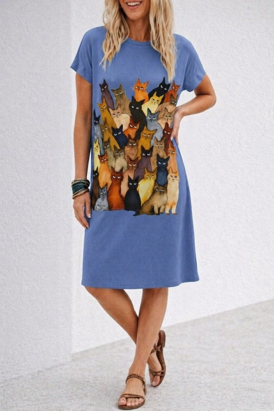 Short Sleeve Crew Neck Cat Print Midi Viscose Dress - Janes - by Peralane - photo 2
