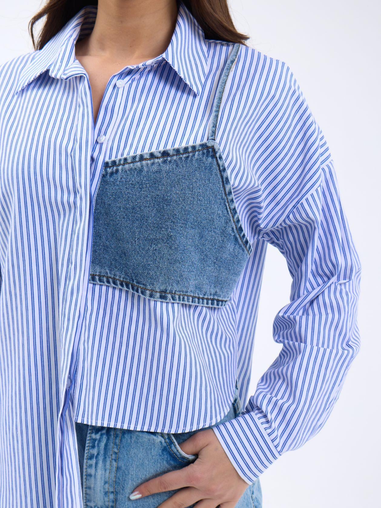 Women's Blue and White Striped Denim Overlay Blouse - Fame - by Peralane - photo 5