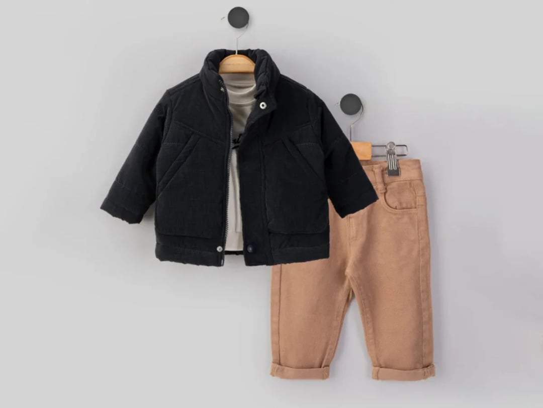 Boys' Quilted Jacket and Trousers Set - Black and Tan - Beyaz Bebek - by Peralane