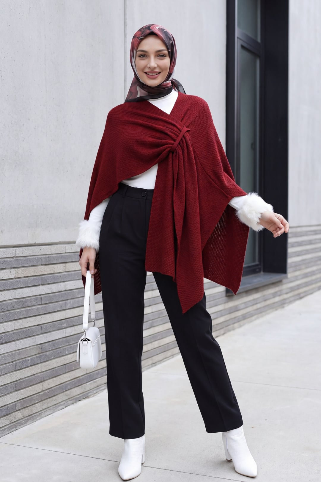 Slouchy Knit Poncho in Burgundy - Podyumplus - by Peralane - photo 3