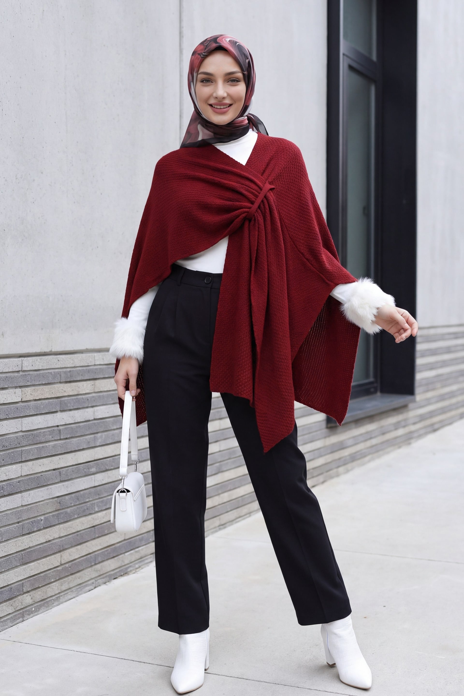 Slouchy Knit Poncho in Burgundy - Podyumplus - by Peralane - photo 3