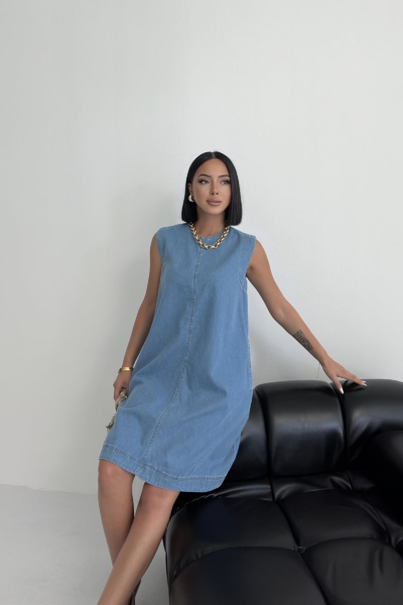 Sleeveless Oversize Denim Dress 3043 Medium Blue - Xlove - by Peralane