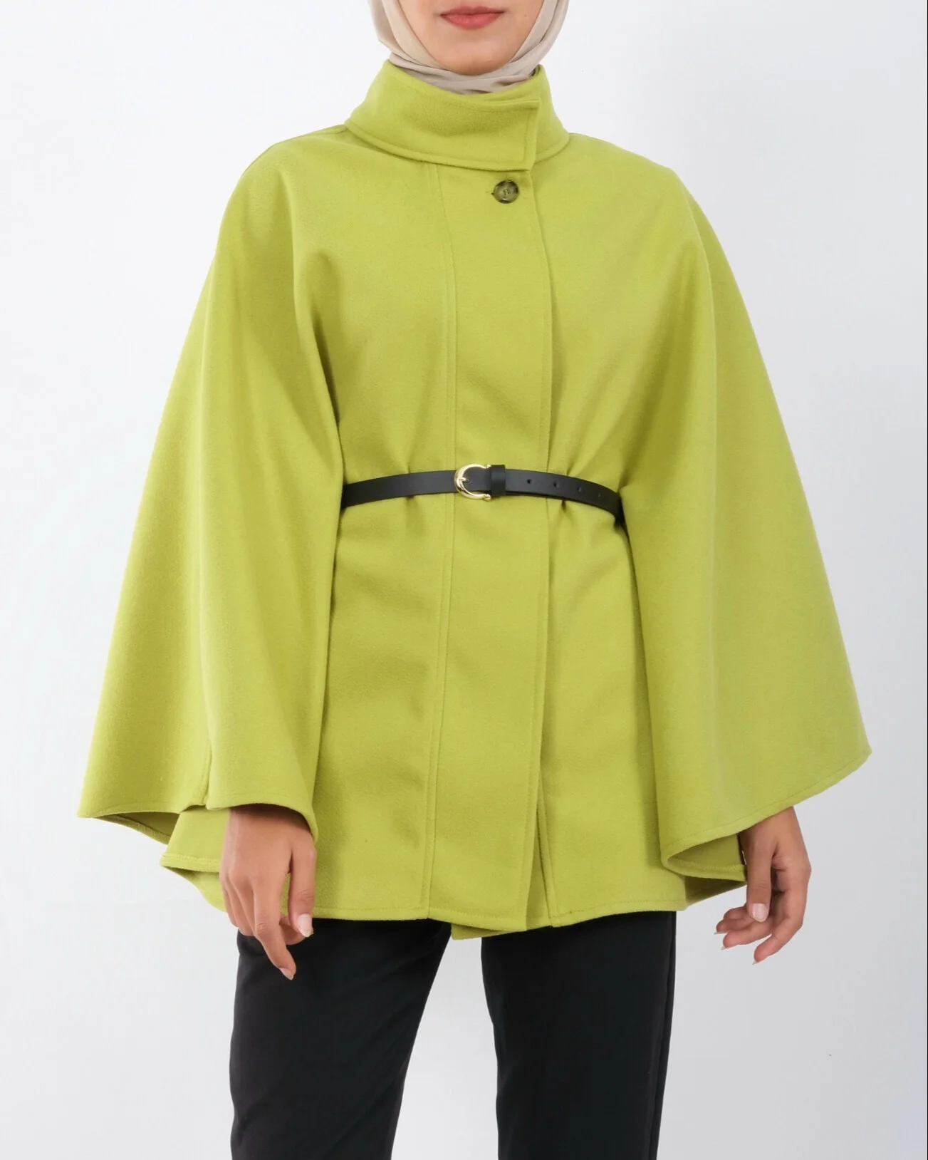 Single Button Belted Poncho - Oil Green - Podyumplus - by Peralane - photo 2