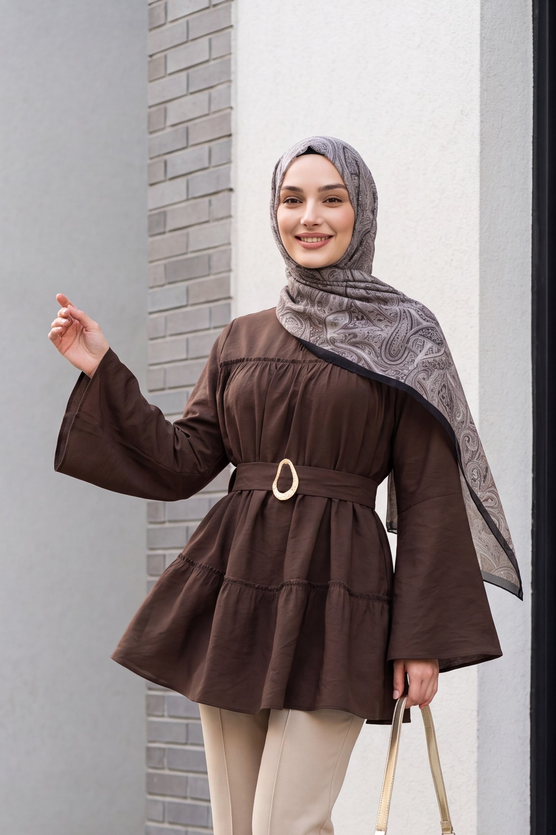 Buckle Belt Wrap Neck Panel Polyviscose Tunic - Dark Brown - Podyumplus - by Peralane - photo 5