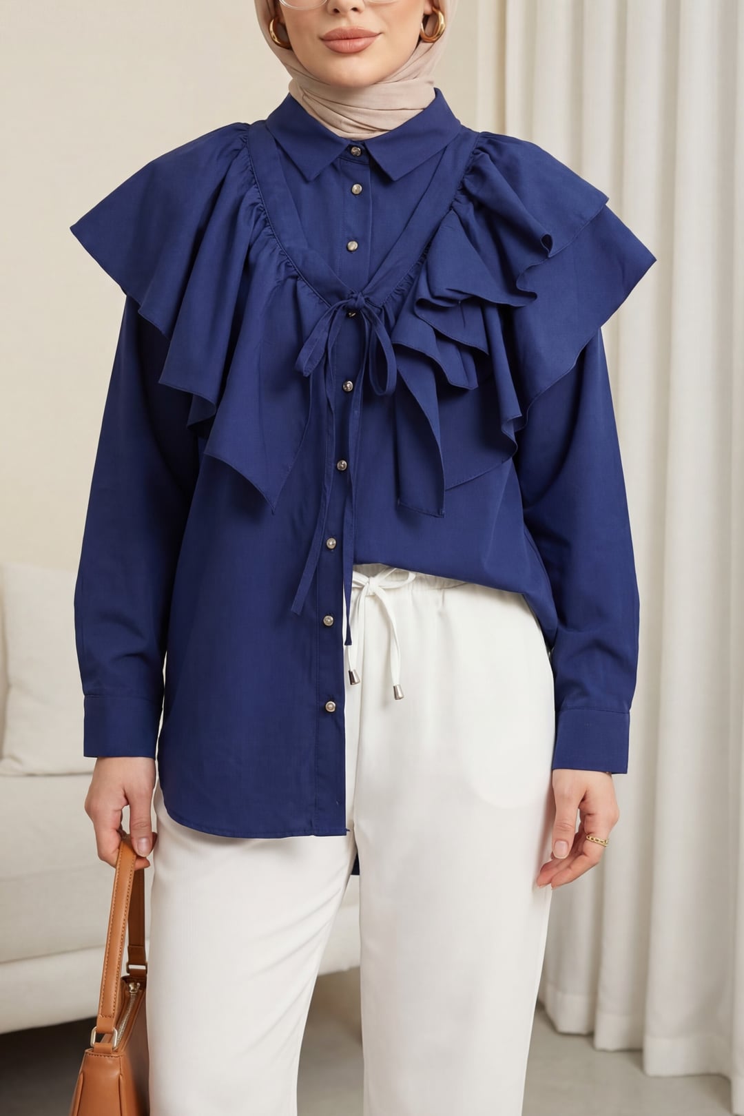 Oval Cut Poplin Tunic with Cape Detail and Buttons - Navy - Podyumplus - by Peralane - photo 3