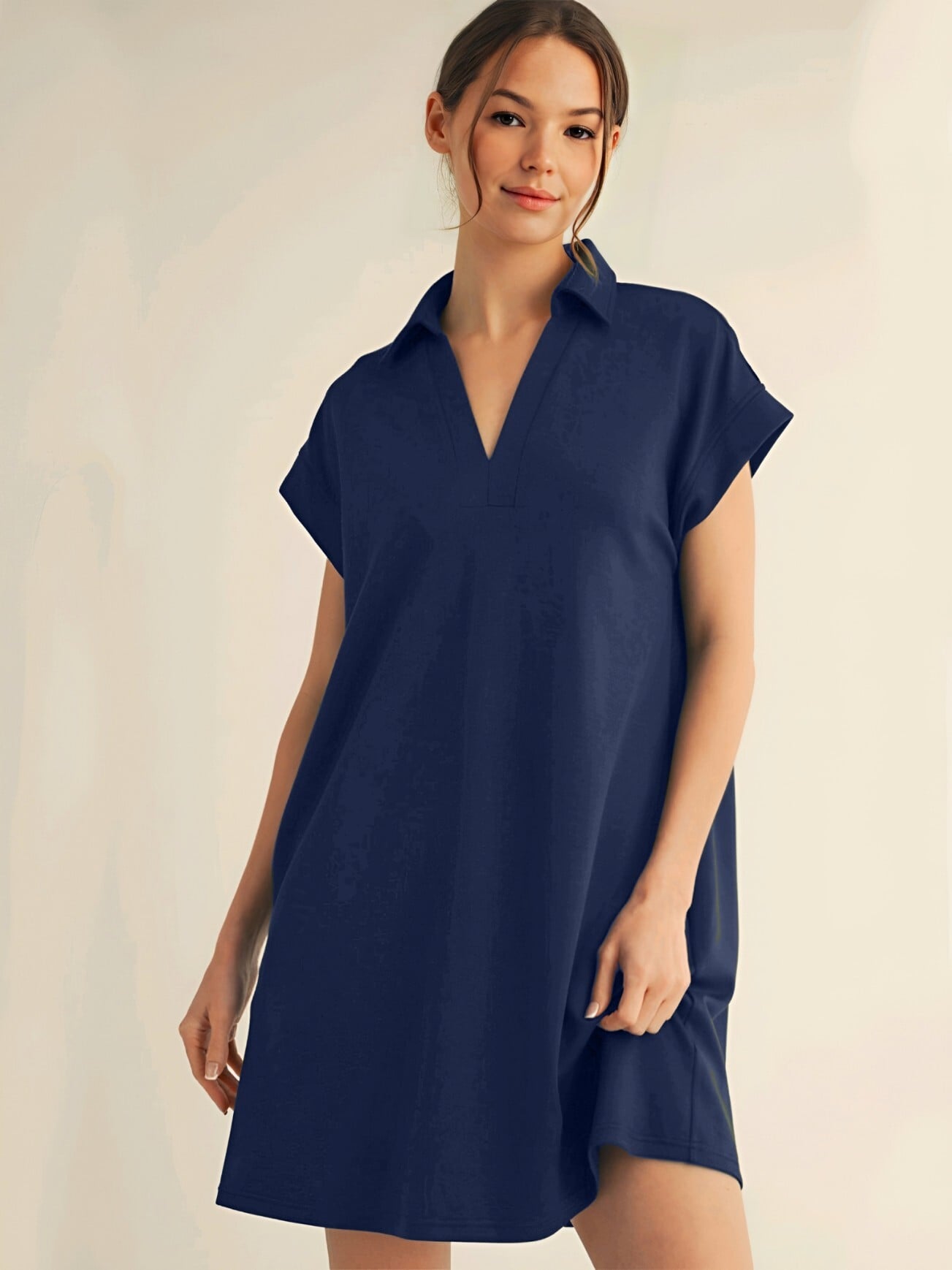 Navy Blue Suprem Pique Dress with Shirt Collar and Pockets - Podyumplus - by Peralane - photo 4