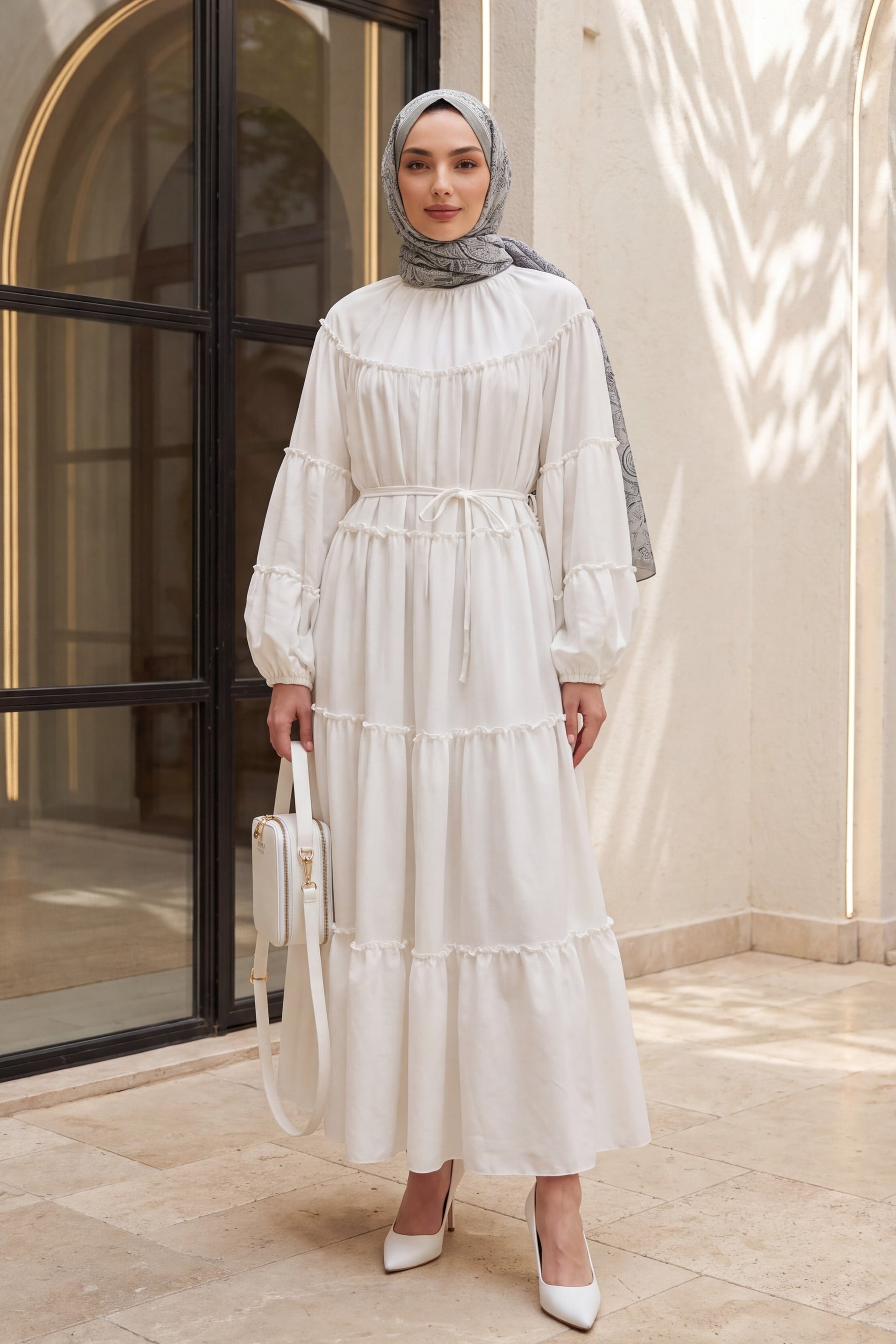 White Tiered Ruffled Maxi Dress with Tie Waist and Elastic Cuffs - Podyumplus - by Peralane