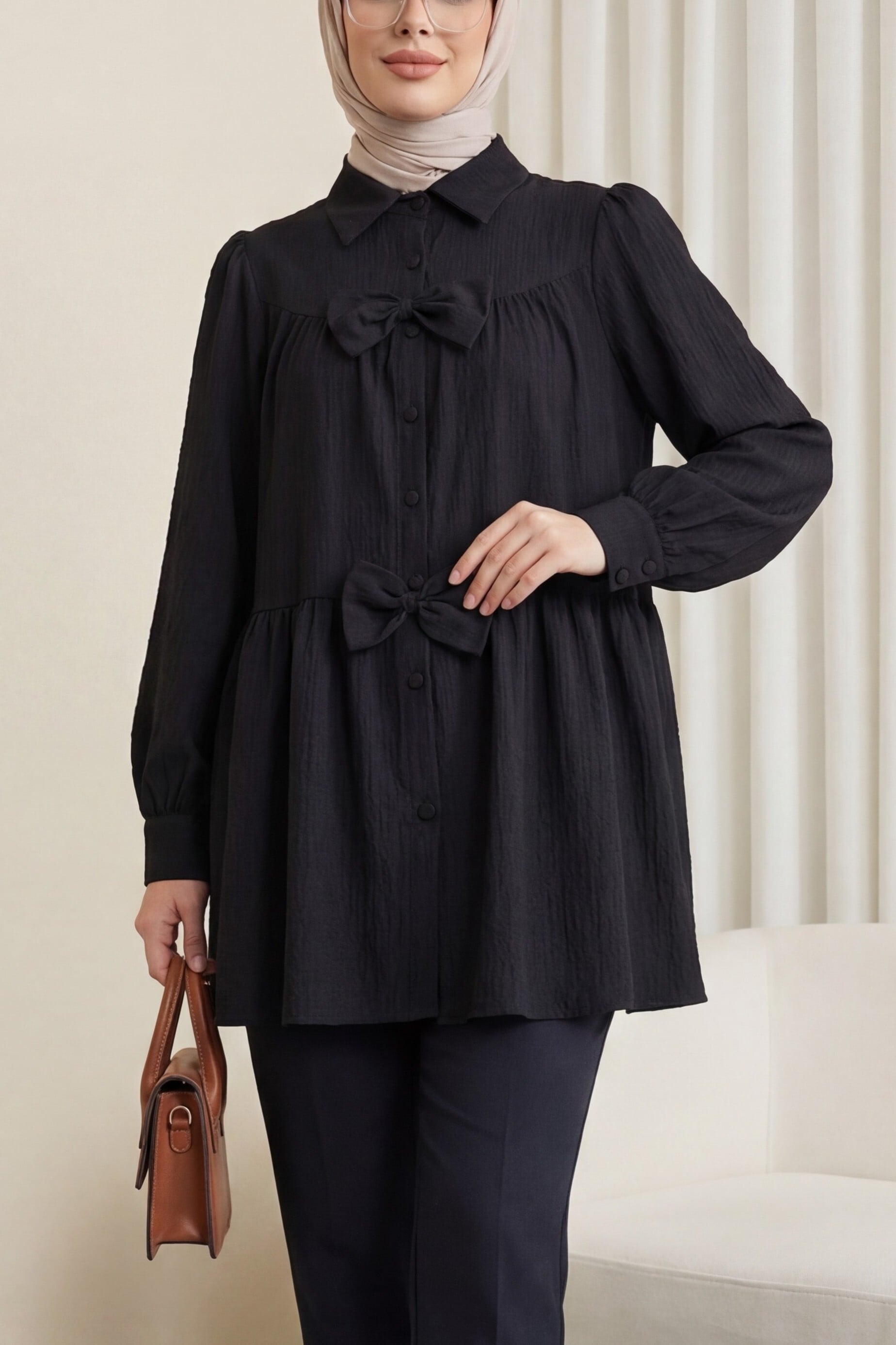 Black Bow Detail Panel Tunic - Oversize Fit - Podyumplus - by Peralane