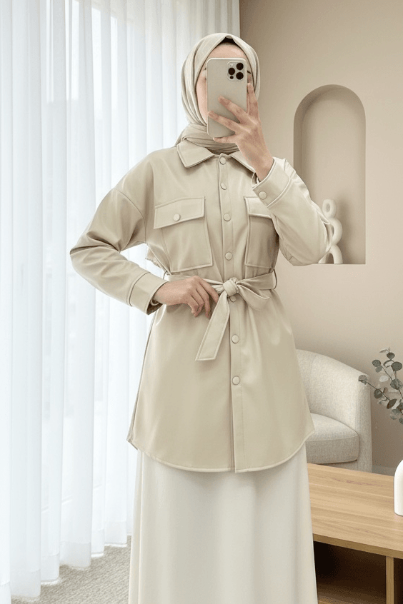 Belted Double-Pocket Faux Leather Jacket - Cream - Podyumplus - by Peralane