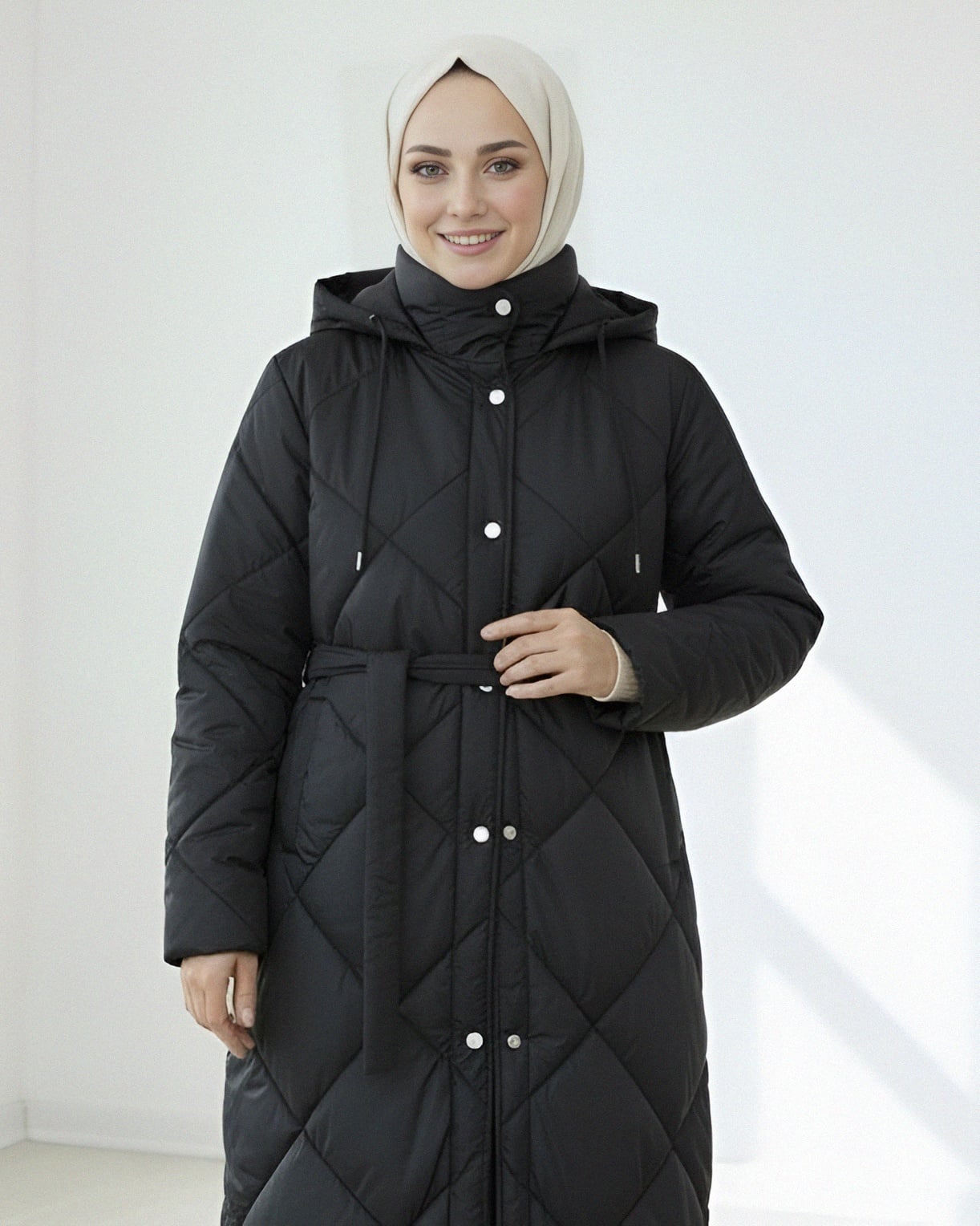 Long Quilted Coat with Belt, Hood and Snap Buttons - Black - Podyumplus - by Peralane - photo 5