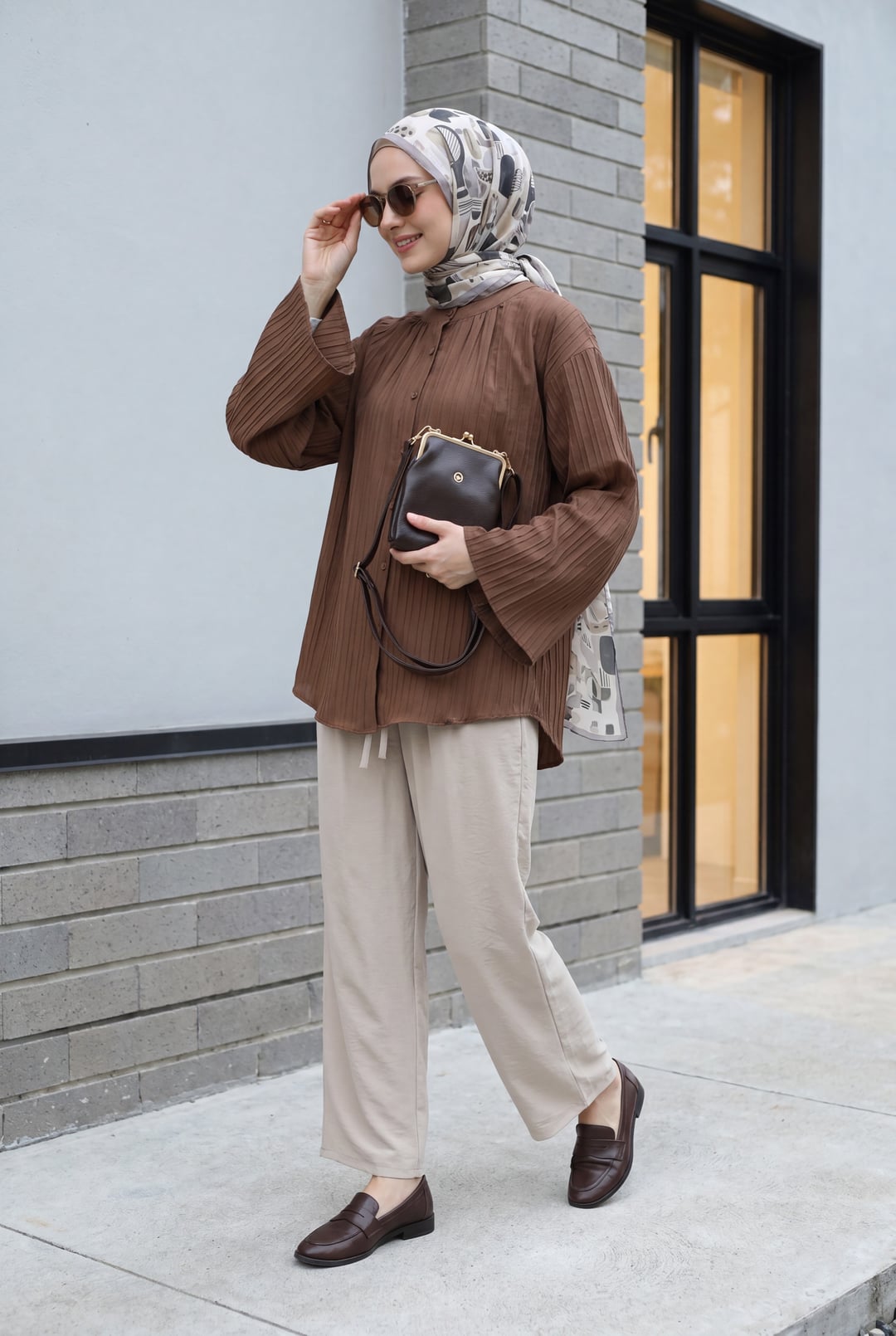 Round Neck Buttoned Spanish Sleeve Siena Tunic - Brown - Podyumplus - by Peralane - photo 9