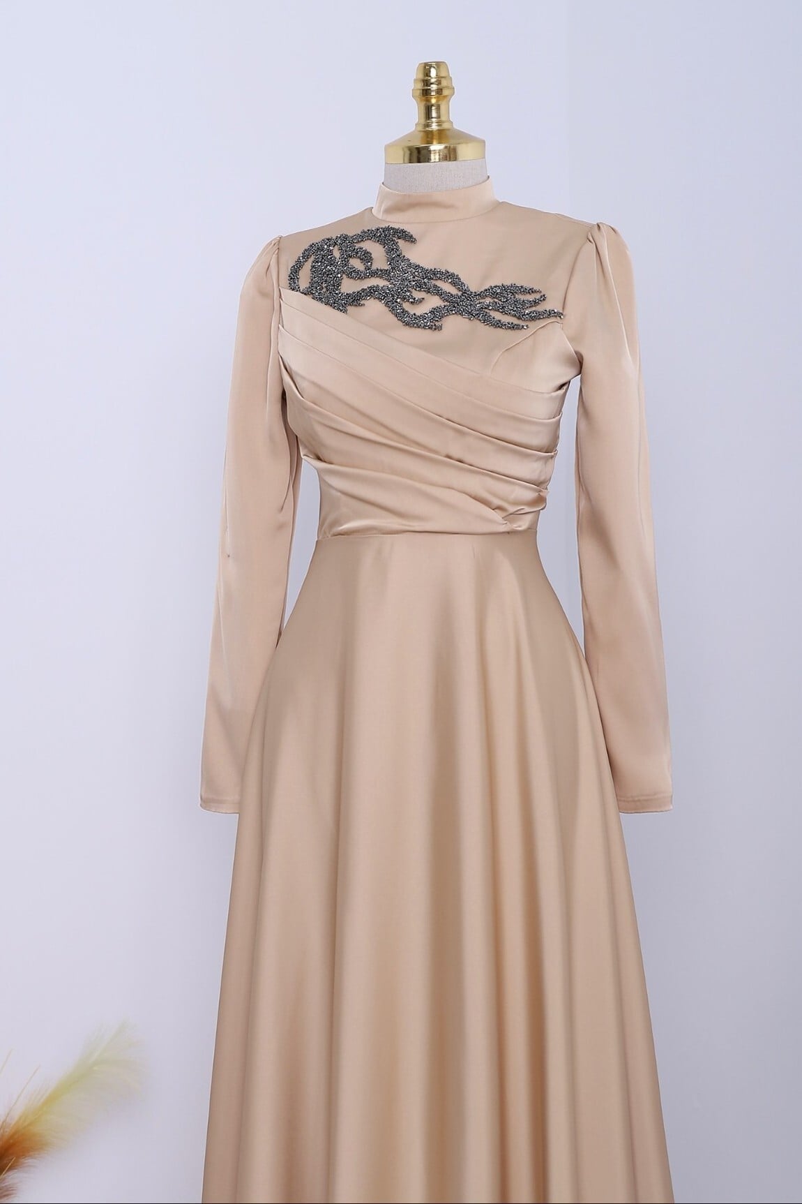 Beaded Draped Satin Evening Dress - Mink - Podyumplus - by Peralane