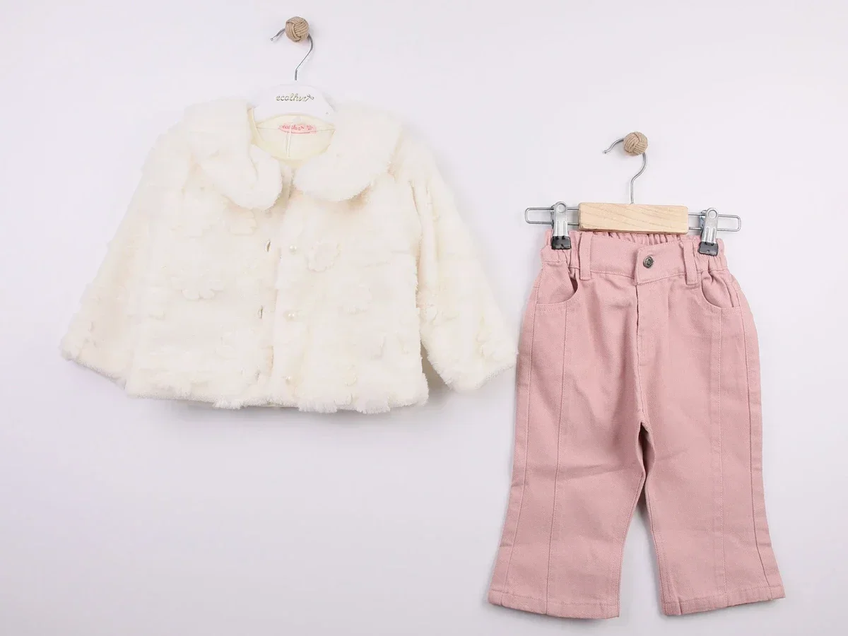 Girls Baby Floral Appliqué Plush Cardigan and Trousers Set - Ecolkiz - by Peralane