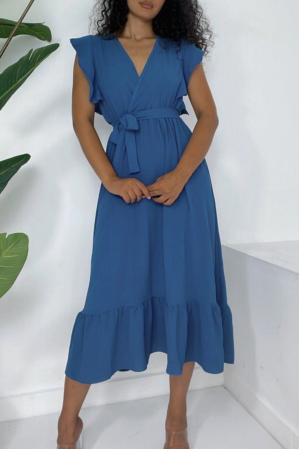 Dark Blue V-Neck Flutter Sleeve Tie Waist Dress - Podyumplus - by Peralane