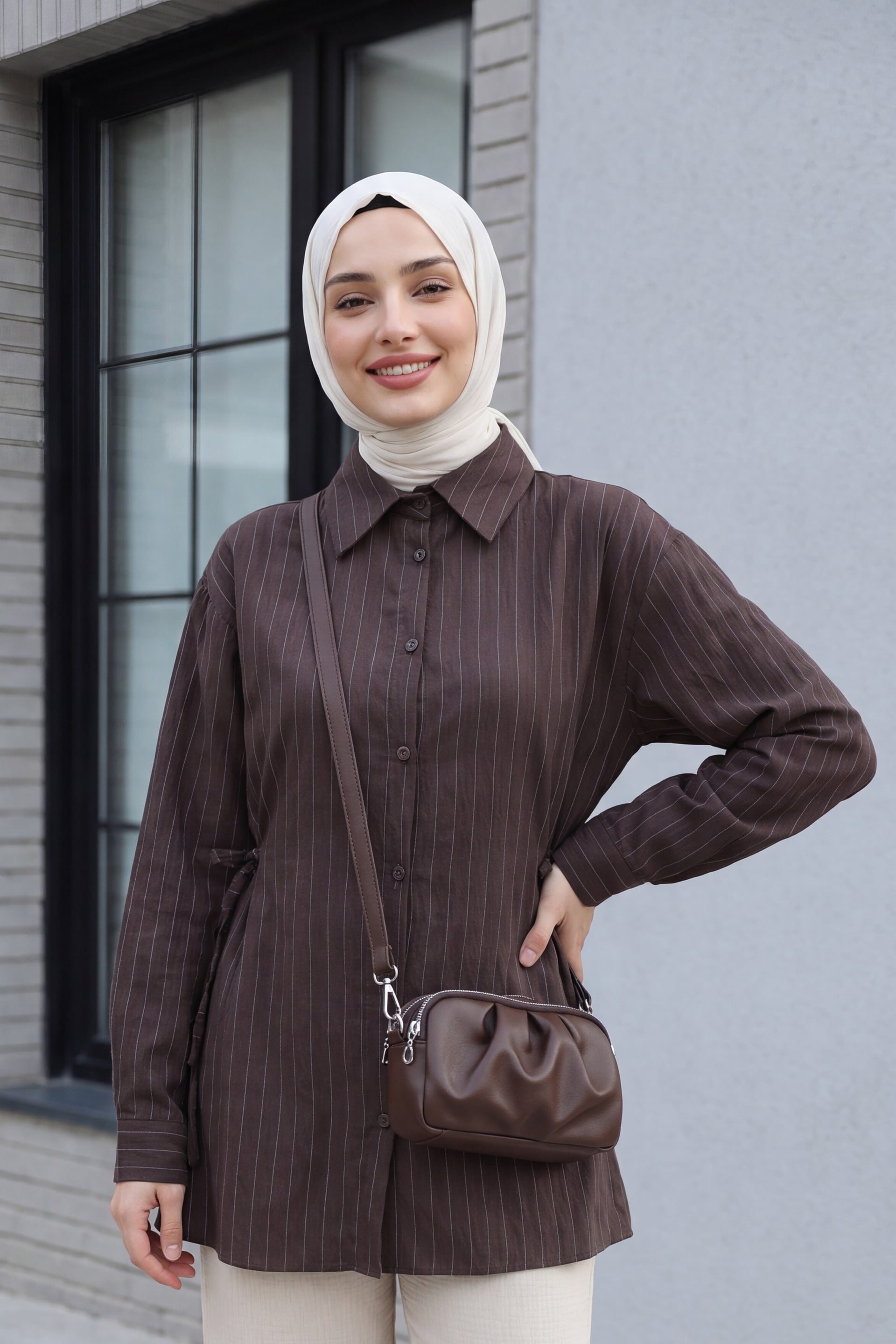 Side Lace-Up Striped Button Modal Tunic - Brown - Podyumplus - by Peralane