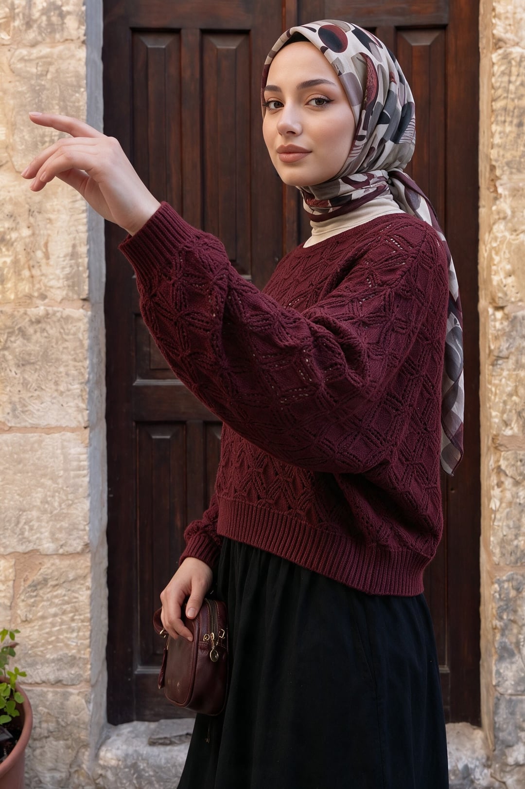 Round Neck Batwing Sleeve Open Knit Sweater - Maroon - Podyumplus - by Peralane - photo 2