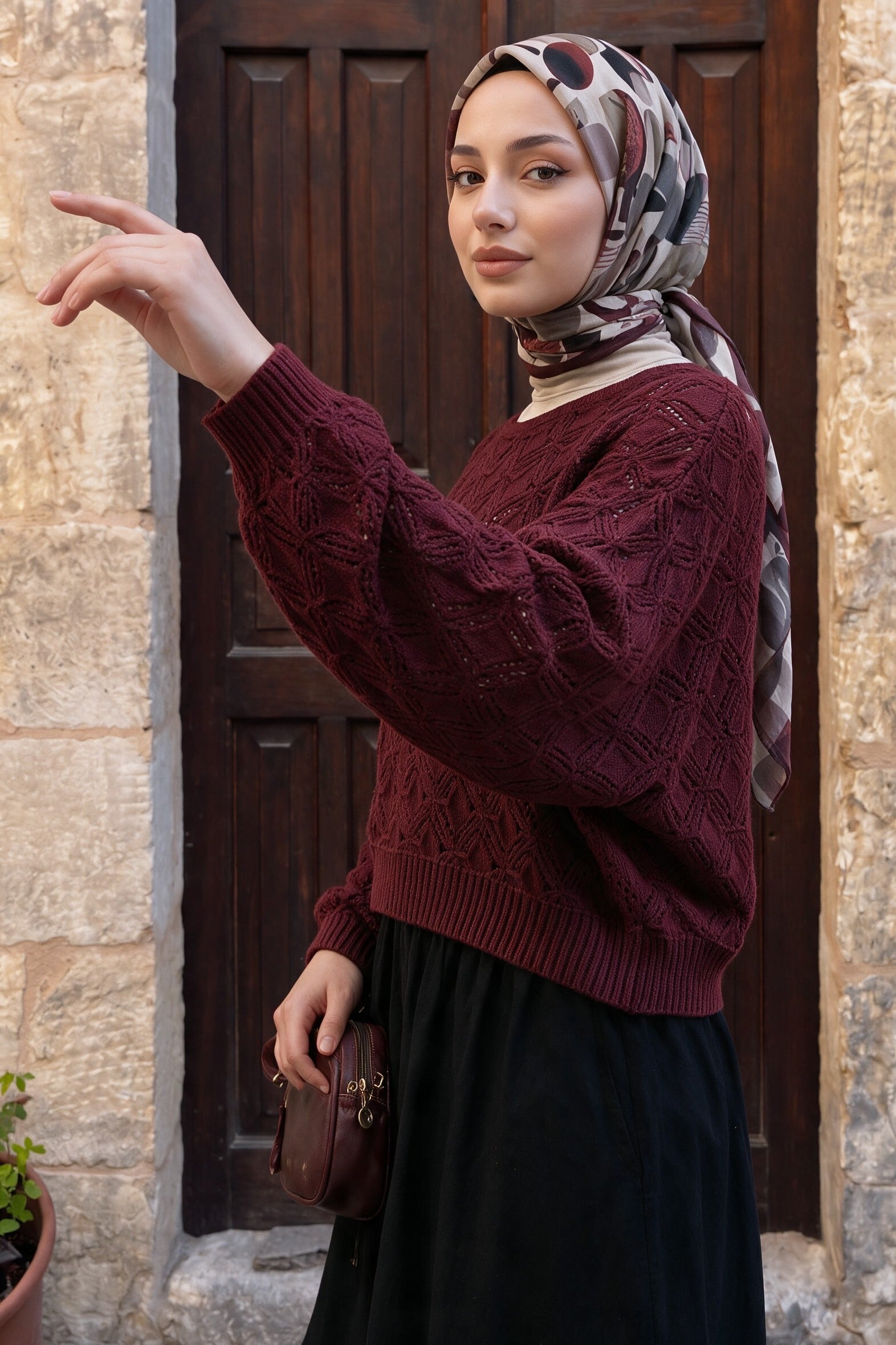 Round Neck Batwing Sleeve Open Knit Sweater - Maroon - Podyumplus - by Peralane - photo 2