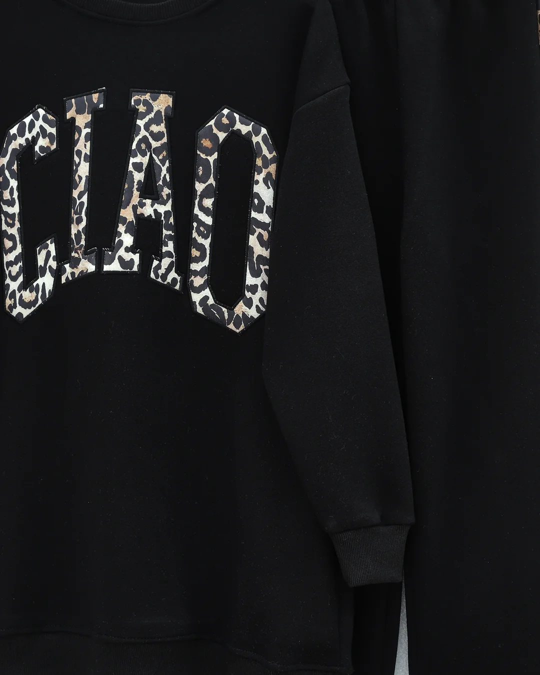 Front Print Leopard Detail Three-Thread Sweatshirt and Trousers Set - Black - Podyumplus - by Peralane - photo 5