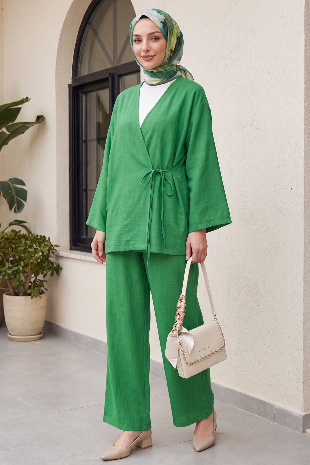 Green Kimono and Wide-Leg Trouser Set with Tie Front - Podyumplus - by Peralane
