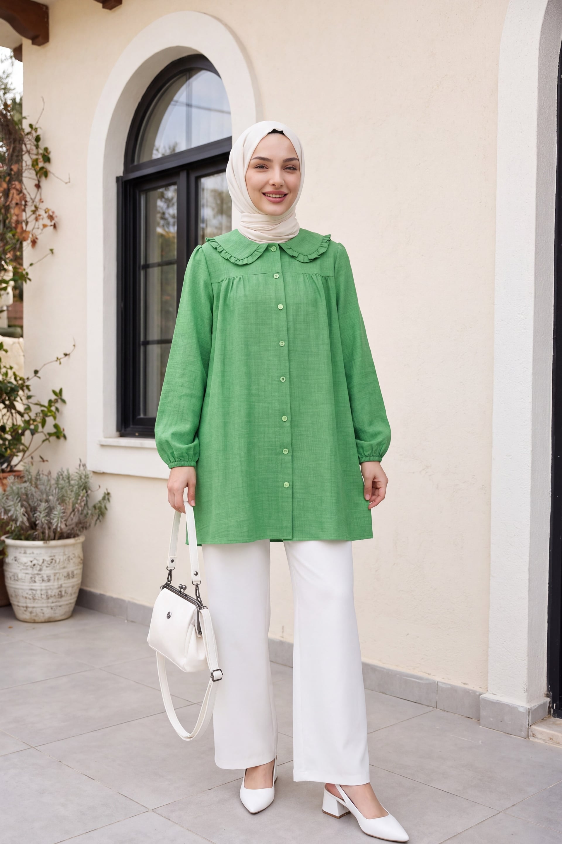 Baby Collar Button-Front Linen Tunic - Light Green - Podyumplus - by Peralane - photo 2