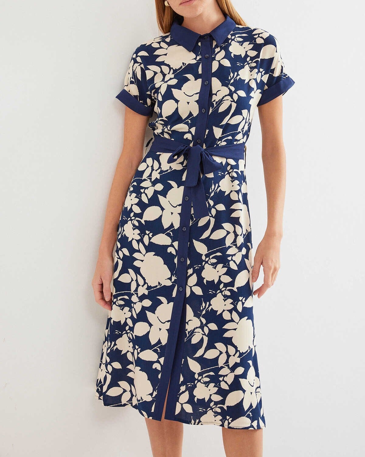Patterned Navy Blue Button-Front Dress with Tie Waist - Bigdart - by Peralane - photo 3