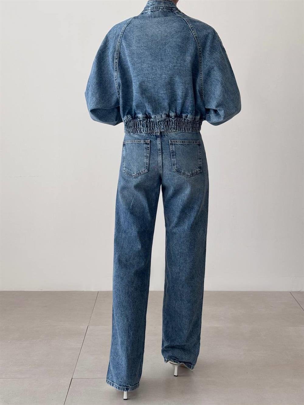 Women's Blue Bomber Jean Jacket with Zip Front and Elasticated Cuffs - Lacarino Jeans - by Peralane - photo 4