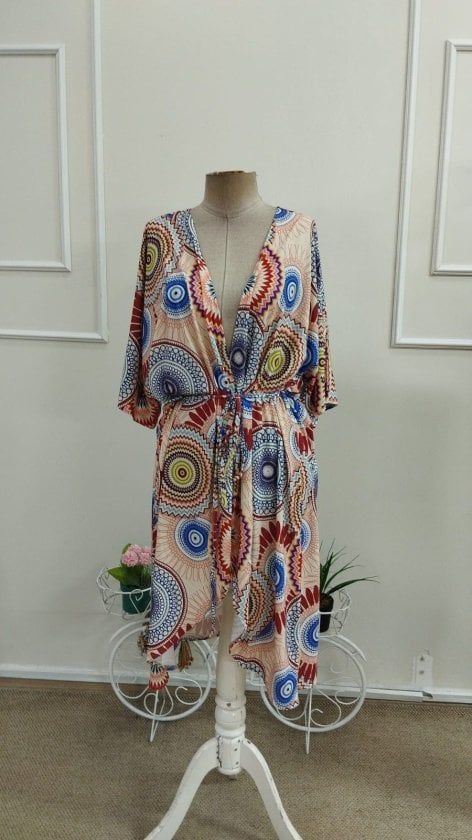 Women's Short-Sleeve Open-Front Tie-Waist Long Kimono with Geometric Print - Janes - by Peralane - photo 6
