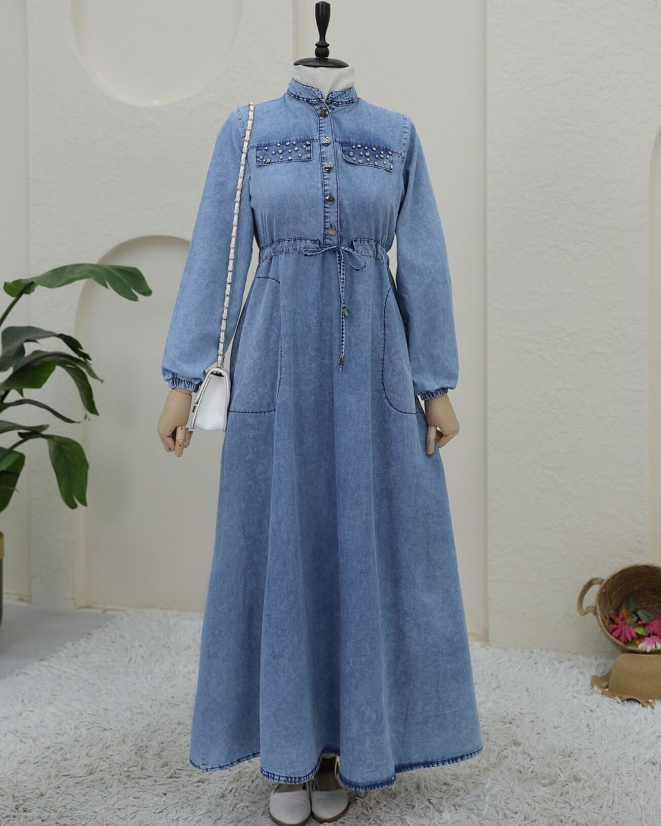 Studded Pocket Tunnel Drawstring Denim Dress - Ice Blue - Podyumplus - by Peralane - photo 4