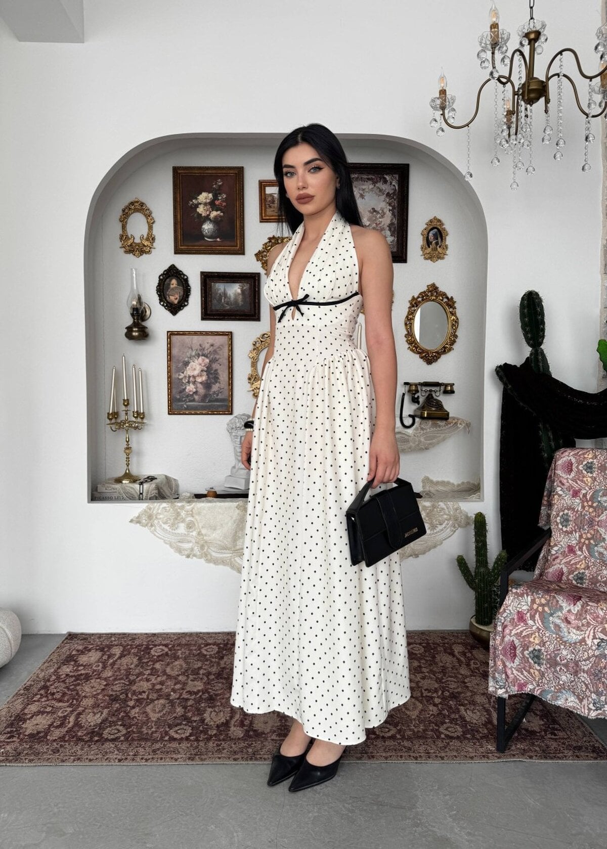Helde Midi Polka Dot Halter Dress in Ecru - Etika - by Peralane - photo 8