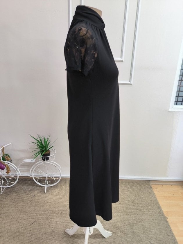 Women's Short Sleeve Lace Keyhole Mock Neck Midi Crepe Dress - Janes - by Peralane - photo 6