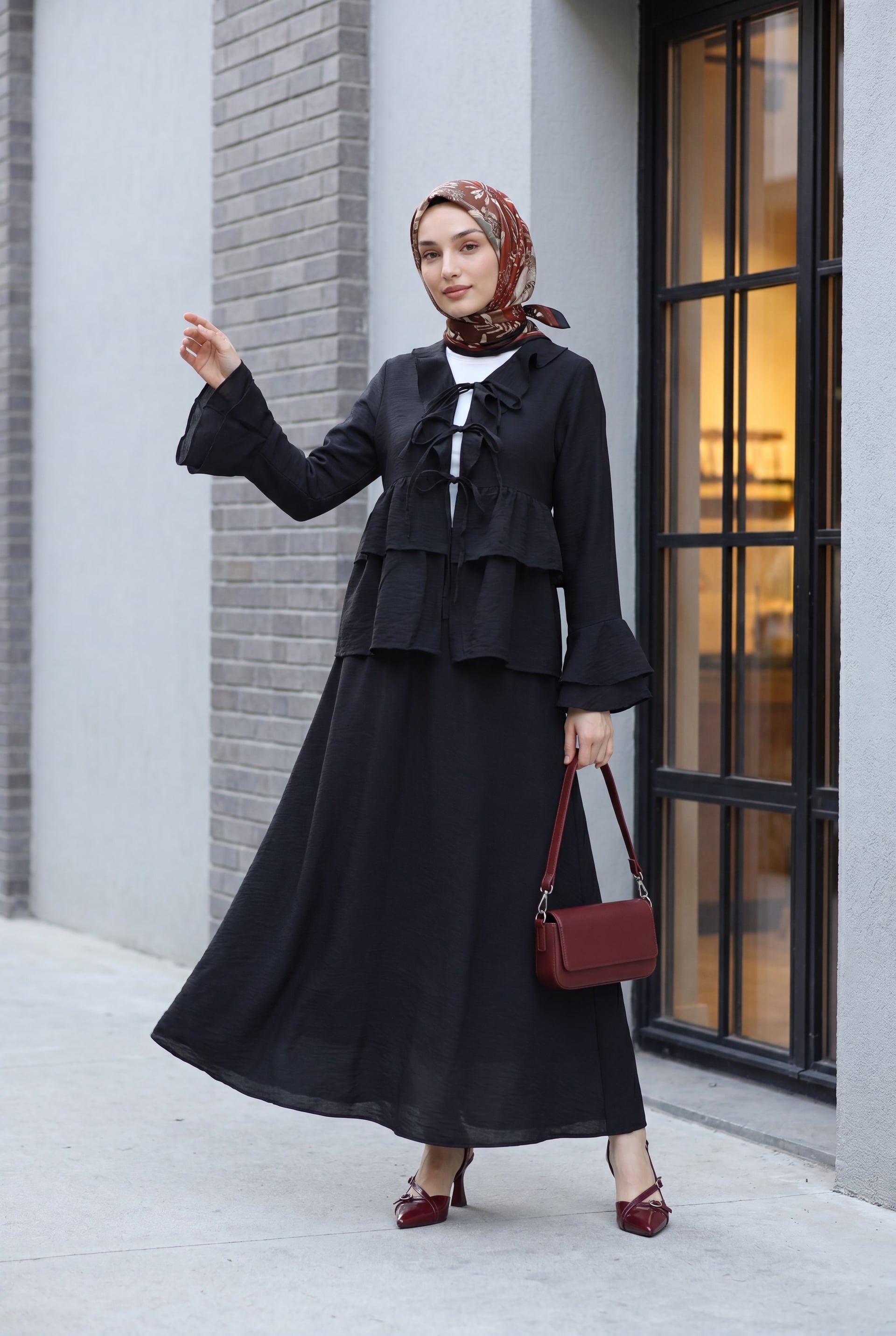 Women's Black Ruffled Kimono Set with Skirt and Flared Sleeves - Podyumplus - by Peralane - photo 4