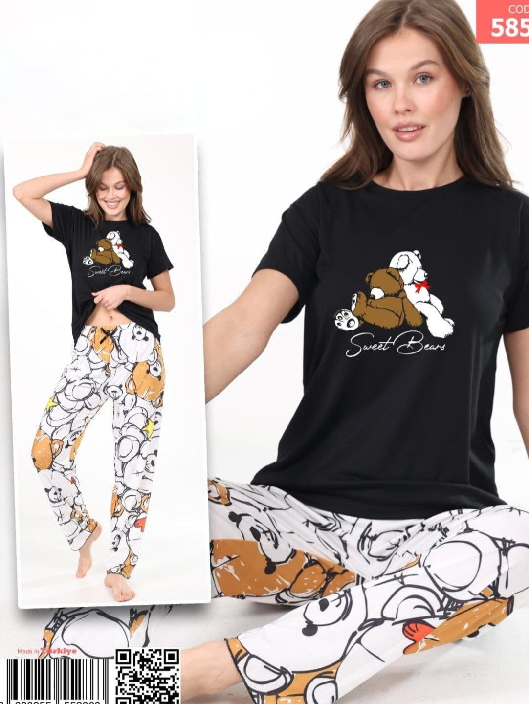 Sweet Bears Print Short Sleeve Pyjama Set - Black - Podyumplus - by Peralane